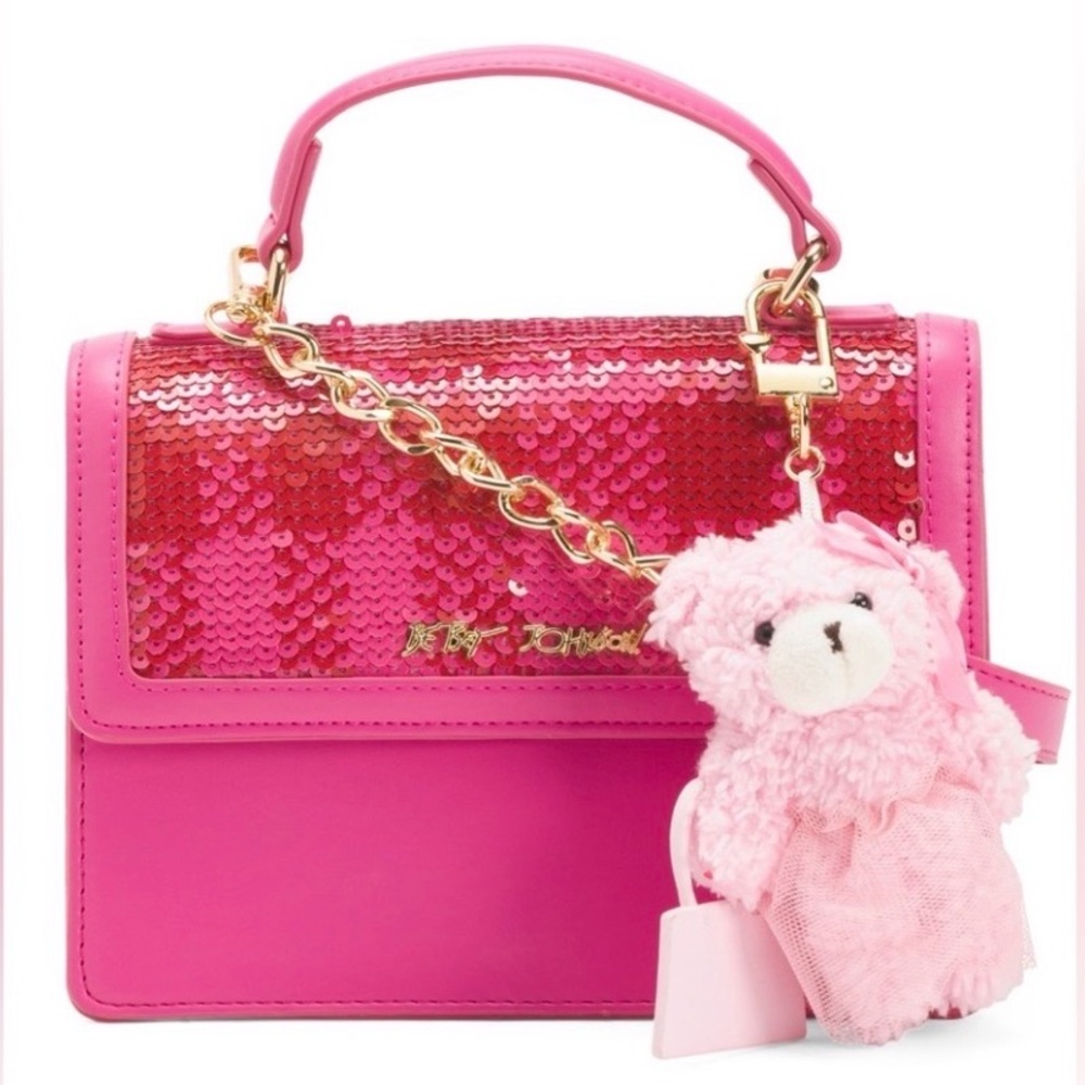 Betsey Johnson Pink Sequin Top-Handle Crossbody Bag with Bear Charm NWT